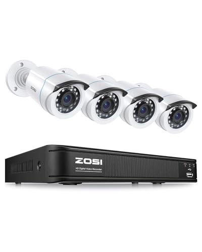 ZOSI H.265+ Full 1080p Home Security Camera System - 4 Channel DVR, 4 x 2MP Weatherproof Surveillance Cameras, 80ft Night Vision