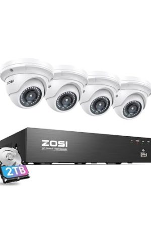 ZOSI 8CH 4K PoE Camera System – 2TB Hard Drive, 4pcs 3K 5MP Dome Cameras, Night Vision, Motion Detection, Remote Access