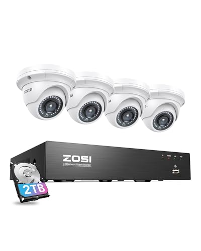 ZOSI 8CH 4K PoE Camera System – 2TB Hard Drive, 4pcs 3K 5MP Dome Cameras, Night Vision, Motion Detection, Remote Access