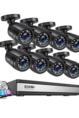 ZOSI H.265+ 1080p 16 Channel Security Camera System – 16 Channel DVR, 2TB HDD, 8 Weatherproof 2MP Cameras