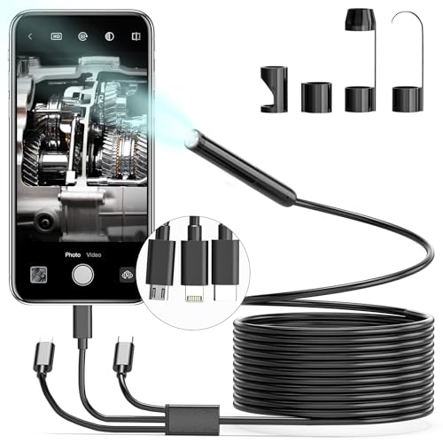 Endoscope Camera with Light - 1080P HD Borescope, 6 Adjustable LEDs, IP67 Waterproof, 9.8FT Semi-Rigid Cable, 3 in 1 Endoscope Camera for Apple