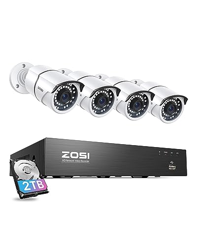 ZOSI 8CH 4K PoE Home Security Camera System with 2TB HDD – 4pcs 5MP Outdoor Cameras, 120ft Night Vision, Motion Detection, Remote Access