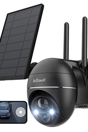 ieGeek 2K Solar Security Camera System: Wireless Outdoor 360° PTZ with Spotlight & Siren, Color Night Vision, Alexa Compatible