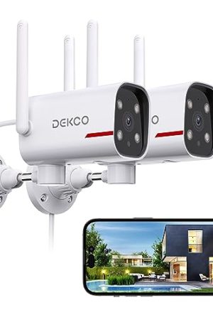 DEKCO 2K Pan Rotating Outdoor Security Cameras - Wired WiFi, Two-Way Audio, Night Vision, Motion Detection Alarm (2 Pack)
