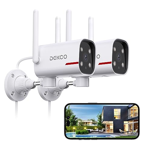 DEKCO 2K Pan Rotating Outdoor Security Cameras - Wired WiFi, Two-Way Audio, Night Vision, Motion Detection Alarm (2 Pack)