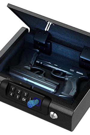 BILLCONCH Gun Safe - Biometric Pistol Safe with 3-Way Unlock | Fingerprint, Digital PIN, Key Unlock | Voice Guide | Portable Safe for Cloakroom