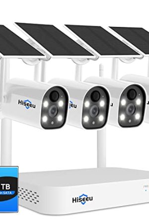 Hiseeu Solar Powered Wireless Security Camera System: 2K 10CH NVR, AI Human Detection, Color Night Vision, 2-Way Audio, IP66 Waterproof, 1TB HDD