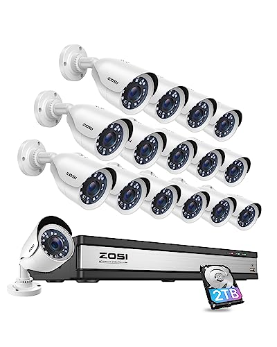 ZOSI H.265+ 1080p 16 Channel Security Camera System: 16CH DVR, 2TB Hard Drive, and 16 Weatherproof Cameras with Night Vision