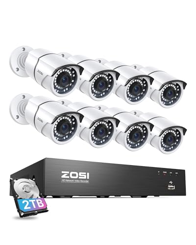ZOSI 8CH 4K PoE Home Security Camera System: 2TB HDD, 8pcs 5MP Weatherproof Cameras, Remote Access
