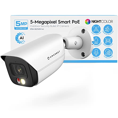 Amcrest 5MP IP PoE AI Camera - Outdoor Bullet Camera with 49ft Color Night Vision, Human & Vehicle Detection, Active Deterrent