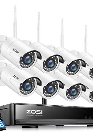 ZOSI H.265+ 1080p Wireless Camera System - 8CH NVR, 2TB Hard Drive, 8x 2MP WiFi IP Cameras, Night Vision, Motion Alert, Remote Access