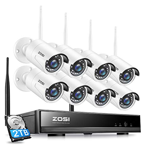 ZOSI H.265+ 1080p Wireless Camera System - 8CH NVR, 2TB Hard Drive, 8x 2MP WiFi IP Cameras, Night Vision, Motion Alert, Remote Access