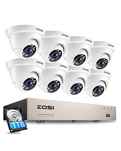 ZOSI 8CH Home Security Camera System - H.265+ 8Channel 1080P DVR, 1TB HDD, Weatherproof Dome Cameras, Night Vision, Motion Detection, 24/7 Recording