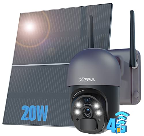 Xega 4G LTE Cellular Security Camera with 20W Solar Panel - 24/7 Record, No Wi-Fi, Wireless Outdoor, 2K HD Color Night Vision