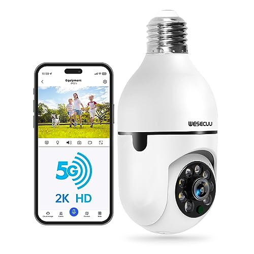 WESECUU Light Bulb Security Camera - 5G & 2.4GHz WiFi 2K Cameras Wireless Outdoor, Motion Detection