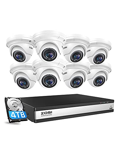 ZOSI 16CH 4K PoE Home Security Camera System - H.265+, 16 Channel 8MP NVR, 4TB HDD, 8pcs 5MP Weatherproof Dome Cameras, Night Vision, Motion Alert