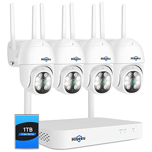 Hiseeu 3MP PTZ Wireless Camera System - Two-Way Audio, Auto Tracking, Full Color Night Vision, IP66 Waterproof, Expandable 10CH NVR, 1TB HDD