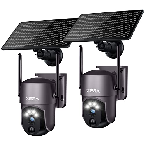 Xega 2 Pack Security Camera Wireless Outdoor 2K 360° PTZ Camera Solar - Home Surveillance with Spotlight, Siren, Color Night Vision, and Smart Detection