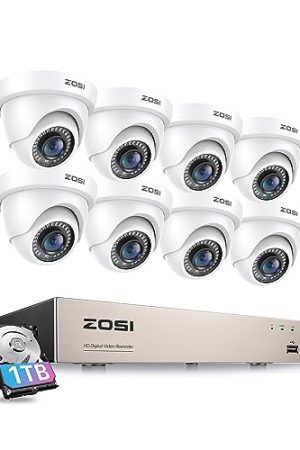 ZOSI 3K Lite 8CH Security Camera System: AI Human/Vehicle Detection, 1TB HDD, Night Vision, H.265+ DVR, 8 Weatherproof Dome Cameras