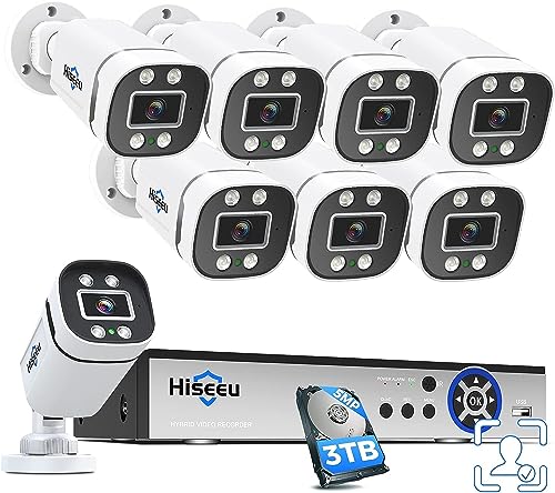 [3TB HDD+Person/Vehicle Detection] Hiseeu 5MP Security Camera System - 8ch Wired Surveillance for 24/7 Recording