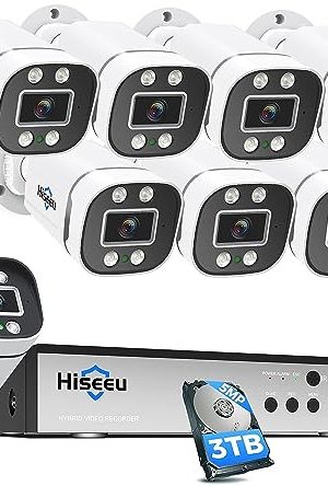 Hiseeu 5MP Security Camera System [3TB HDD+Person/Vehicle Detection] - 8ch Wired Home Security Camera, 8pcs Outdoor Cameras