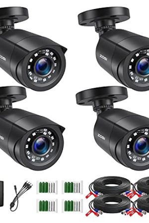 ZOSI 1080P HD TVI Security Cameras: 4 Pack Outdoor Indoor Weatherproof Bullet Cameras with 80ft Night Vision