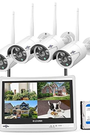 Hiseeu Home Security System with 12" LCD Monitor - 2-in-1 Built-in NVR, 24/7 Recording, 3TB HDD
