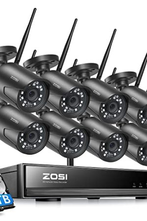 ZOSI Wireless Home Security Camera System - 2K H.265+ 8CH CCTV NVR, 1TB Hard Drive, 8 x 1080P WiFi IP Cameras, Night Vision, Remote Access - Ideal for 24/7 Monitoring