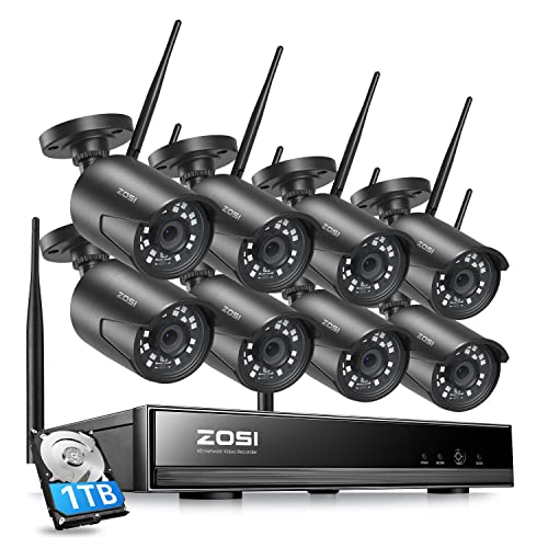 ZOSI Wireless Home Security Camera System - 2K H.265+ 8CH CCTV NVR, 1TB Hard Drive, 8 x 1080P WiFi IP Cameras, Night Vision, Remote Access - Ideal for 24/7 Monitoring