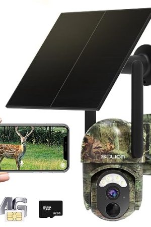 SOLIOM S50 4G Cellular Trail Camera: Wireless Outdoor Security with Solar Panel, Pan Tilt 355° View, 2K HD, Night Vision