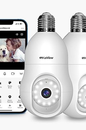 LaView 4MP Bulb Security Camera 2-Pack: 360° 2K Wireless Surveillance, Color Night Vision, Motion Tracking, Audible Alarm