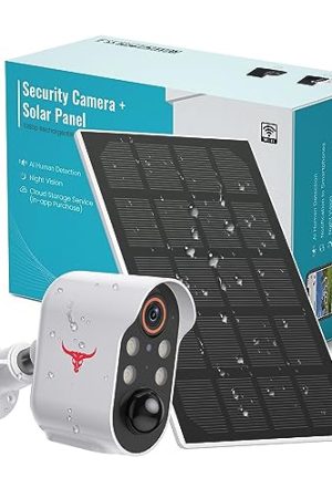 FISHBOT Solar Security Cameras Wireless – 4 Spotlights, 1080P, 2-Way Talk, Night Vision, AI Human Detection, Live View, Cloud Storage