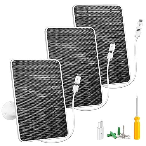 Solar Panel for Security Camera - 5W USB Solar Charger, Micro USB & USB-C Compatibility, IP65 Waterproof, 360° Adjustable Mounting - 3 Pack