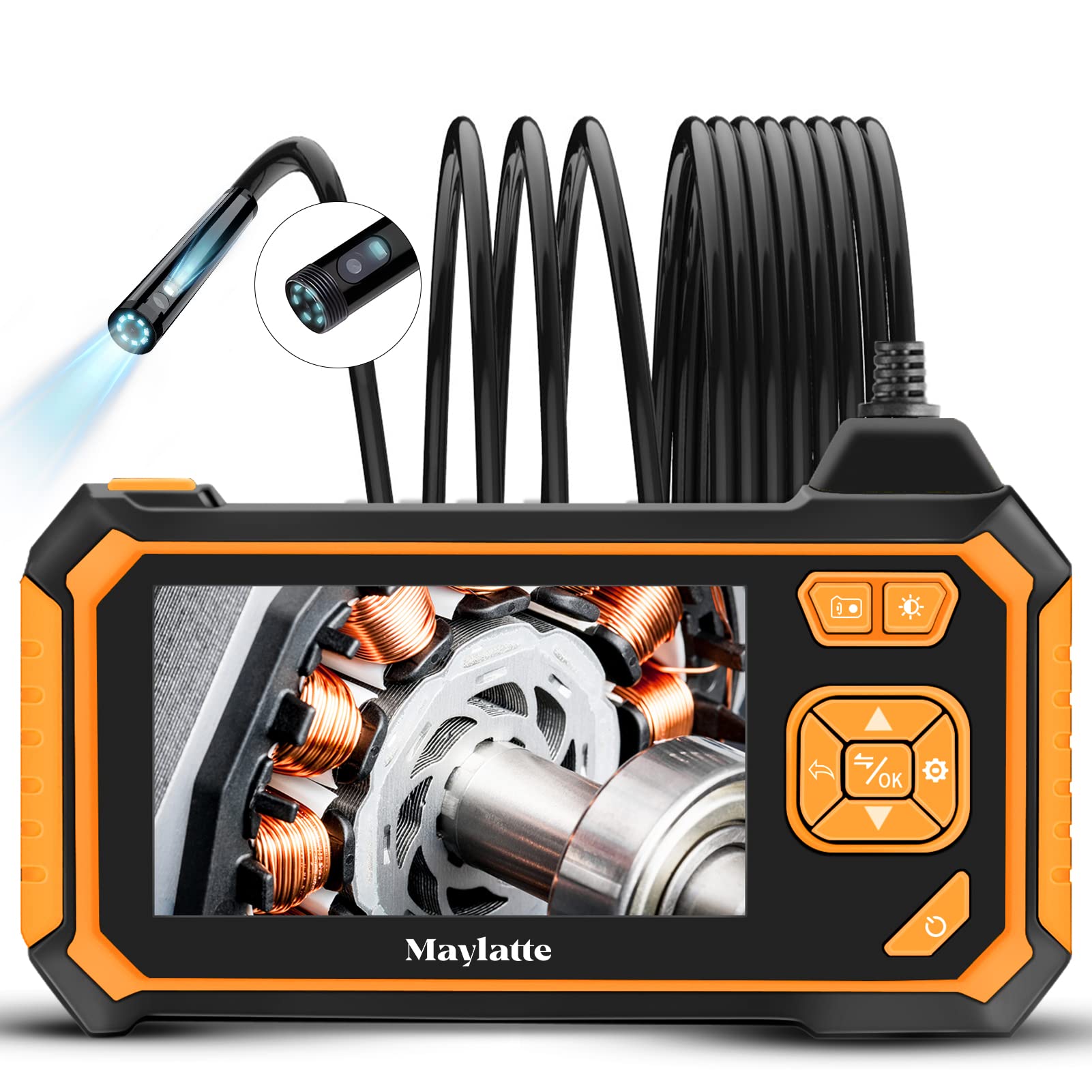 Maylatte Dual Lens Endoscope: 4.3 Inch 1080P HD Borescope with IP67 Waterproof Inspection Camera, 8 LED Lights, and 32GB Card