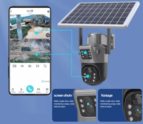 4K 8MP Solar-Powered Sim Card Security Camera with dual lens, built-in 10800mAh battery, PIR motion detection, and two-way audio for outdoor surveillance. 