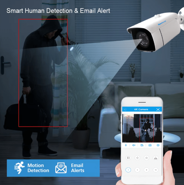 4K H.265 NVR Security System with 5MP AI Human Detection Cameras, featuring night vision, built-in audio recording, and a robust waterproof design for comprehensive surveillance.