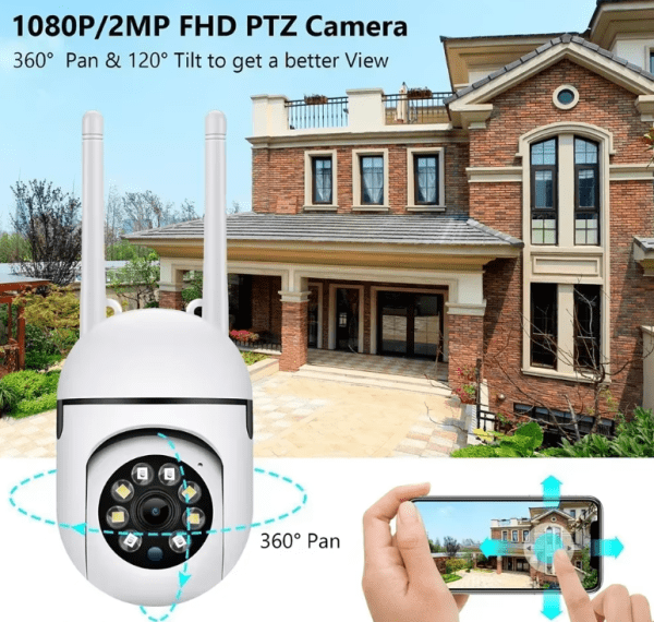 Wall-mounted 2.4G WiFi smart security camera with 355° rotation, two-way audio, and night vision for both indoor and outdoor use. 