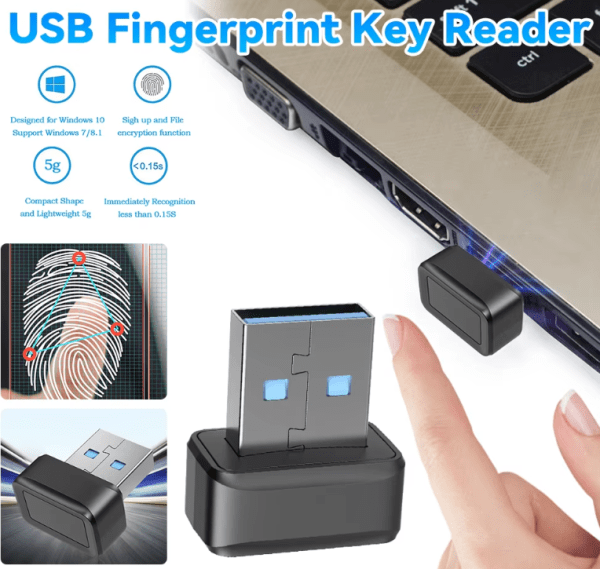 USB Fingerprint Key Reader U5, a compact biometric scanner designed for secure logins on Windows 10/11 with 360-degree fingerprint recognition.