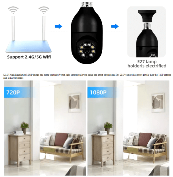 5G E27 Bulb Camera with Full Color Night Vision and PTZ Rotation for Smart Indoor and Outdoor Surveillance