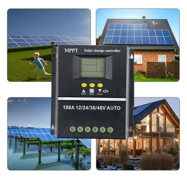 POWLSOJX MPPT Solar Charge Controller displaying its advanced features, including dual USB ports and an intuitive LCD screen for efficient solar energy management.