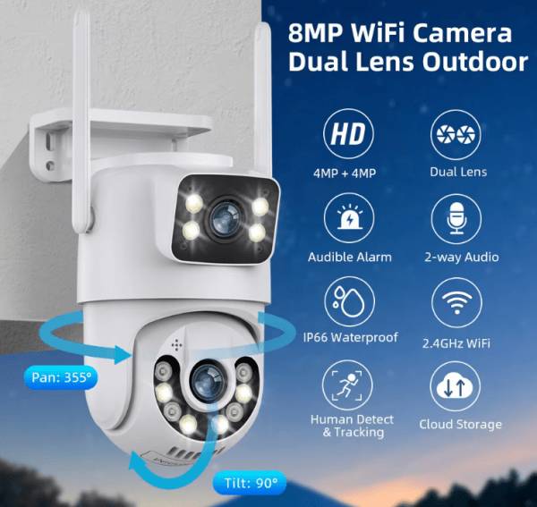 Outdoor 8MP PTZ WiFi Security Camera with Dual Lens & Auto Tracking