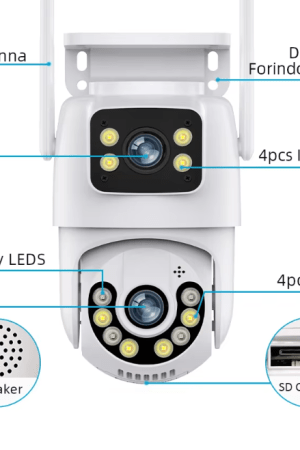 8MP dual-lens outdoor security camera with WiFi and automatic tracking features.