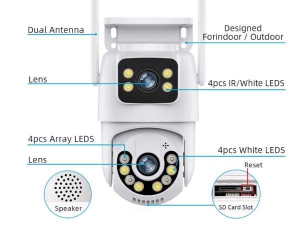 8MP dual-lens outdoor security camera with WiFi and automatic tracking features.