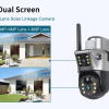4K solar-powered dual-lens security camera with two-way audio, color night vision, and human tracking capabilities for outdoor surveillance. 