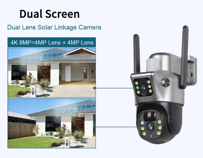 4K solar-powered dual-lens security camera with two-way audio, color night vision, and human tracking capabilities for outdoor surveillance. 