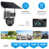 Solar-powered security camera with three lenses, color night vision, and two-way audio for outdoor surveillance. 